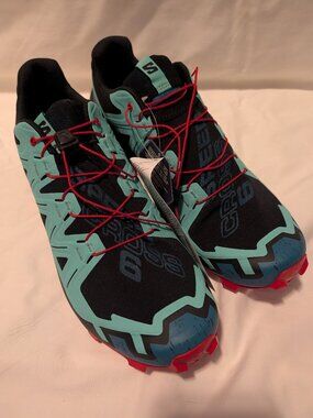 Salomon Women Speedcross 6 Trail Run Shoes, Sz 11, Black/Biscay Green/Fiery Red